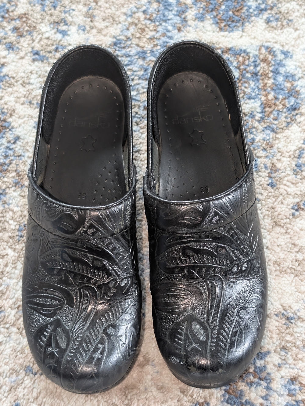 Dansko Black Tooled Leather Clogs 39
